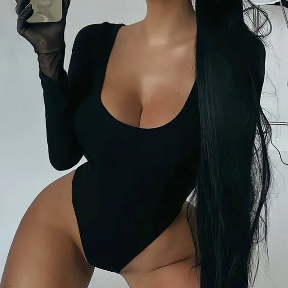 FASHION NOVA - Anything But Square Long Sleeve Bodysuit - Black - Size M - Picture 1 of 3